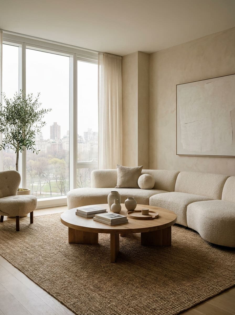 Salón moderno con sofá curvo bouclé y mesa de roble, ventanales, estilo revista de interiorismo
