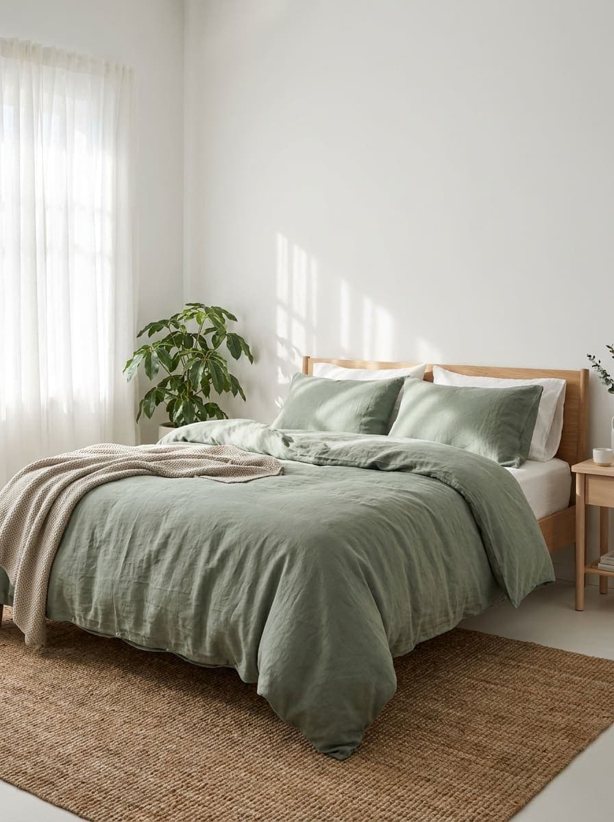 Dormitorio escandinavo con ropa de cama de lino verde salvia, luz de mañana entre cortinas