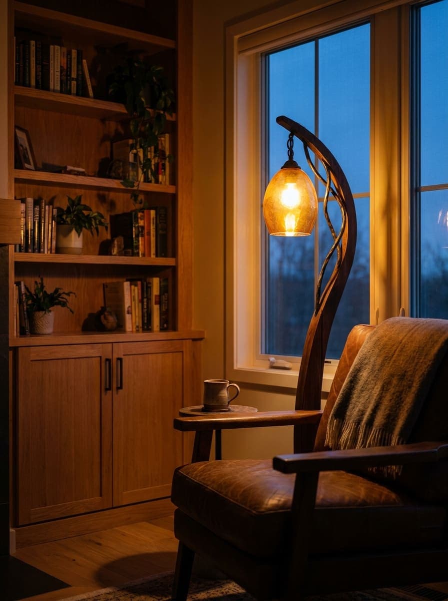 Lámpara de pie escultural encendida al atardecer en un rincón de lectura, ambiente cálido